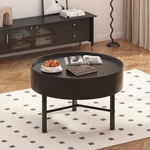 Runder Couchtisch mit Verstecktem Ablagefach, Moderner Runder Mitteltisch mit Drehbarem Deckel, Beistelltisch Aus Metall für Kleine Räume, Wohnzimmer, Schlafzimmer(60x60x43cm(24x24x17inch), Black) von GUEIFD