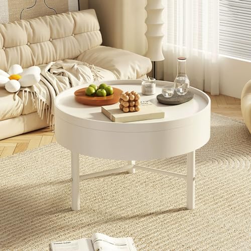 Runder Couchtisch mit Verstecktem Ablagefach, Moderner Runder Mitteltisch mit Drehbarem Deckel, Beistelltisch Aus Metall für Kleine Räume, Wohnzimmer, Schlafzimmer(60x60x43cm(24x24x17inch), White) von GUEIFD