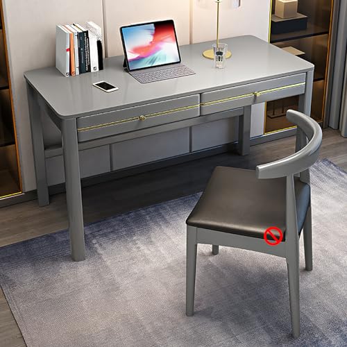 Schreibtisch Aus Massivholz mit 2 Schubladen, Mid-Century Modern Home Office Schreibtisch Arbeitstisch Arbeitsstation für Kleine Räume, Schlafzimmer, Ohne Stühle(100cm/39, Gray) von GUEIFD