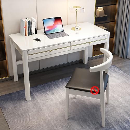 Schreibtisch Aus Massivholz mit 2 Schubladen, Mid-Century Modern Home Office Schreibtisch Arbeitstisch Arbeitsstation für Kleine Räume, Schlafzimmer, Ohne Stühle(100cm/39, White) von GUEIFD