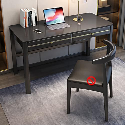 Schreibtisch Aus Massivholz mit 2 Schubladen, Mid-Century Modern Home Office Schreibtisch Arbeitstisch Arbeitsstation für Kleine Räume, Schlafzimmer, Ohne Stühle(120cm/47, Black) von GUEIFD