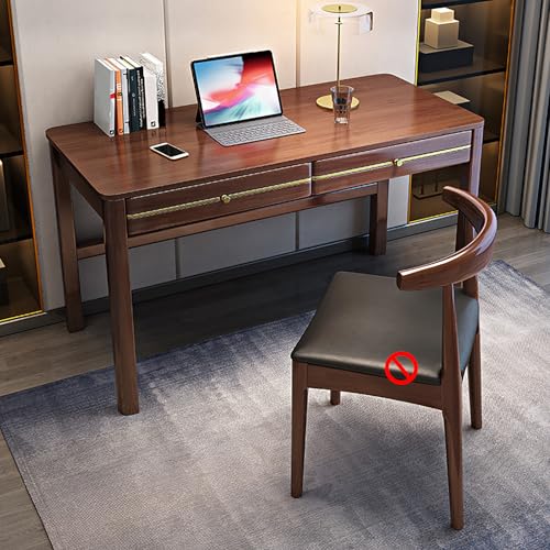 Schreibtisch Aus Massivholz mit 2 Schubladen, Mid-Century Modern Home Office Schreibtisch Arbeitstisch Arbeitsstation für Kleine Räume, Schlafzimmer, Ohne Stühle(120cm/47, Walnut) von GUEIFD