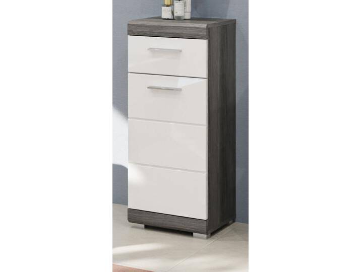 Badezimmer Kommode Shawn in weiß Hochglanz und Rauchsilber grau 37 x 88 cm von GÜNSTIG EINRICHTEN
