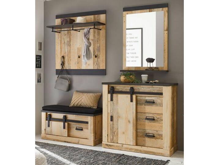 Garderobe Set 5-tlg. Stove in Used Wood hell 206 x 200 cm von GÜNSTIG EINRICHTEN