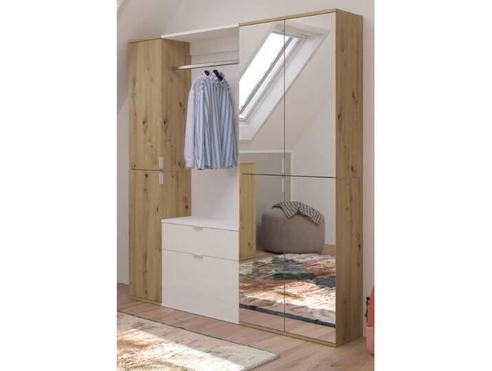 Garderobe mit Spiegel Line-Up in Eiche und weiß Hochglanz 152 x 193 cm von GÜNSTIG EINRICHTEN