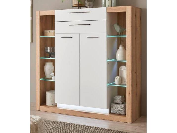 Highboard Rivian in weiß matt und Eiche 141 x 139 cm von GÜNSTIG EINRICHTEN
