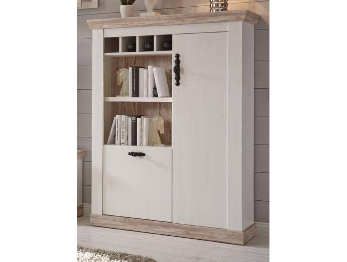 Highboard Rovola in Pinie weiß Landhaus 105 x 146 cm von GÜNSTIG EINRICHTEN
