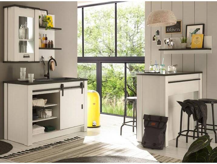 Küche mit Theke Stove in weiß Pinie und anthrazit Landhaus Set 5-tlg. von GÜNSTIG EINRICHTEN