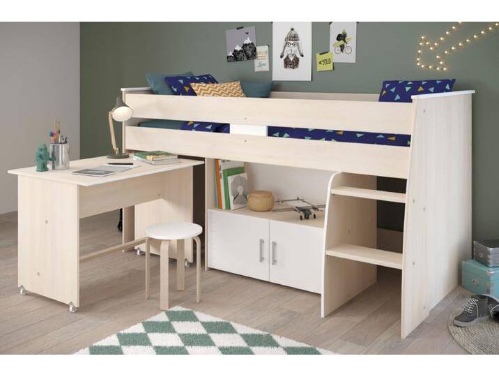Parisot Hochbett Charly in akazie und weiß mit Schreibtisch 206 cm von GÜNSTIG EINRICHTEN