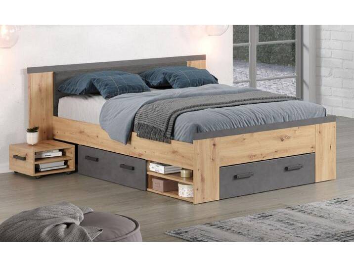 Stauraumbett Follow in Eiche Artisan und grau Liegefläche 140 x 200 cm von GÜNSTIG EINRICHTEN