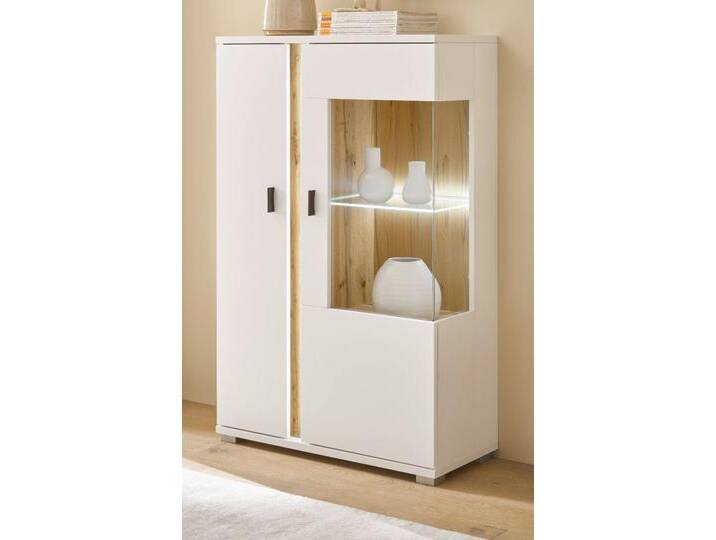 Vitrine Bellport in weiß matt und Eiche 80 x 125 cm von GÜNSTIG EINRICHTEN