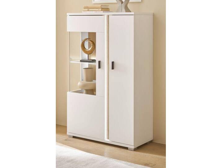 Vitrine Bellport in weiß matt und Eiche 80 x 125 cm von GÜNSTIG EINRICHTEN
