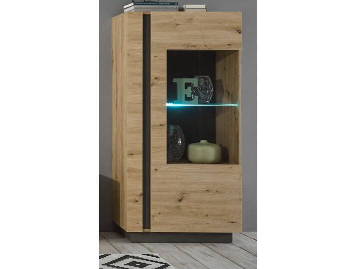 Vitrine Louna in Eiche Artisan und Graphit grau 72 x 154 cm von GÜNSTIG EINRICHTEN