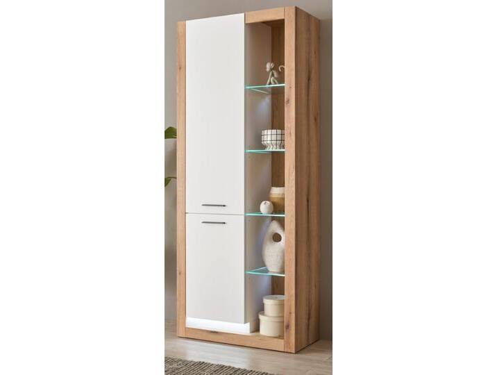 Vitrine Rivian in weiß matt und Eiche 80 x 195 cm von GÜNSTIG EINRICHTEN