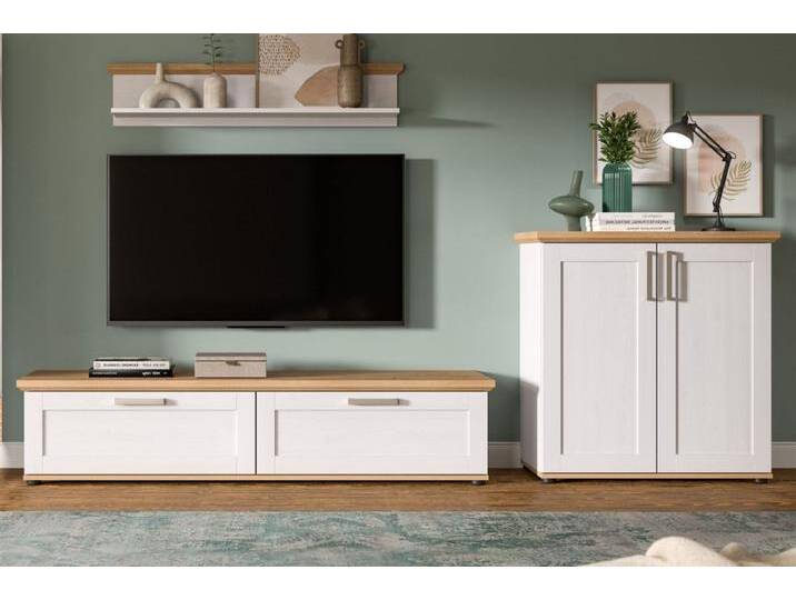 Wohnwand 3-teilig Mirano in weiß Lärche Landhaus 260 cm von GÜNSTIG EINRICHTEN