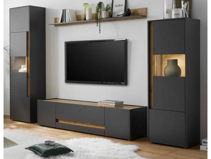 Wohnwand 4-teilig Center in grau matt und Eiche Wotan 310 x 197 cm von GÜNSTIG EINRICHTEN