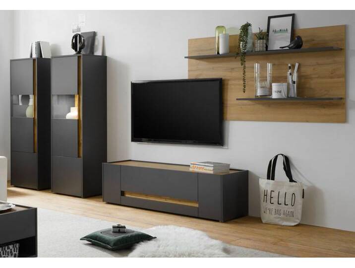 Wohnwand 4-teilig Center in grau matt und Eiche Wotan 340 x 170 cm von GÜNSTIG EINRICHTEN