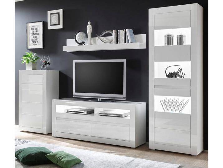 Wohnwand 4-tlg. Nobile in Hochglanz weiß / Stone Design grau 302 x 198 cm von GÜNSTIG EINRICHTEN