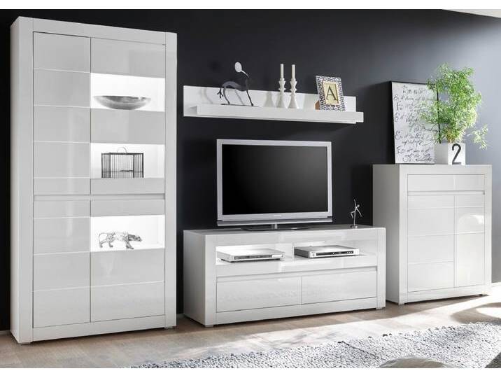 Wohnwand 4-tlg. Nobile in Hochglanz weiß / Stone Design grau 370 x 198 cm von GÜNSTIG EINRICHTEN