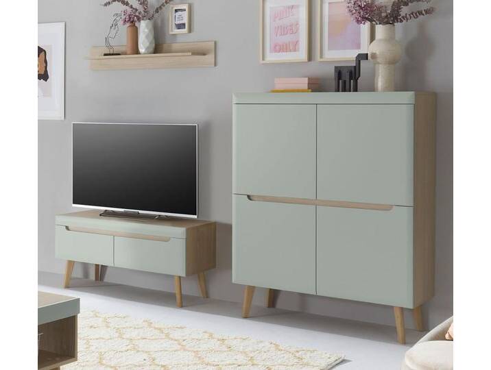 Wohnwand Isgard in Pistazie und Eiche 3-teilig 234 cm von GÜNSTIG EINRICHTEN