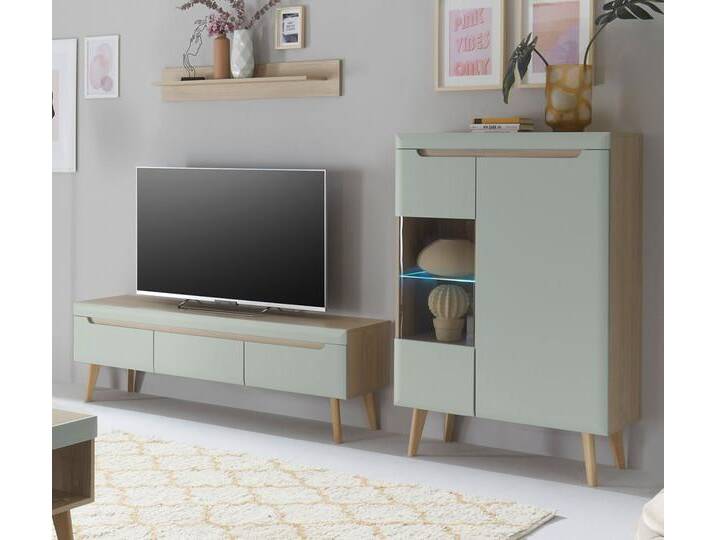 Wohnwand Isgard in Pistazie und Eiche 3-teilig 270 x 170 cm von GÜNSTIG EINRICHTEN