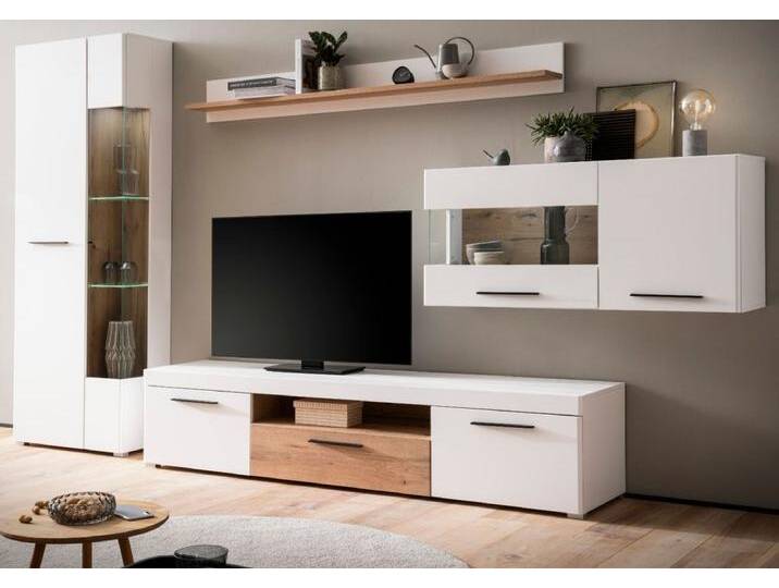 Wohnwand Lavell in weiß matt und Eiche 327 x 200 cm von GÜNSTIG EINRICHTEN