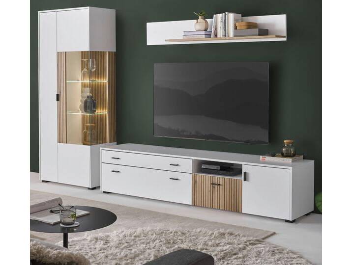 Wohnwand Merced in weiß matt und Eiche 3-teilig 285 x 180 cm von GÜNSTIG EINRICHTEN