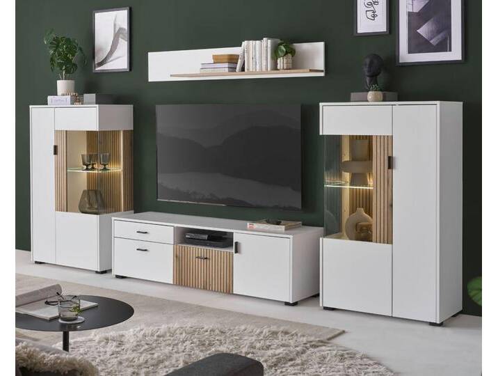 Wohnwand Merced in weiß matt und Eiche 4-teilig 320 cm von GÜNSTIG EINRICHTEN