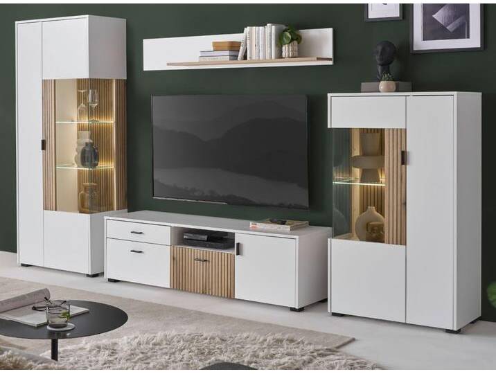 Wohnwand Merced in weiß matt und Eiche 4-teilig 320 x 180 cm von GÜNSTIG EINRICHTEN