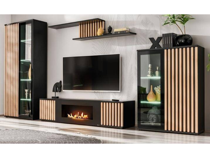 Wohnwand Morgan in schwarz und Eiche mit Bio Ethanol Kamin Wohnwand Morgan in schwarz und Eiche mit Bio Ethanol Kamin von GÜNSTIG EINRICHTEN