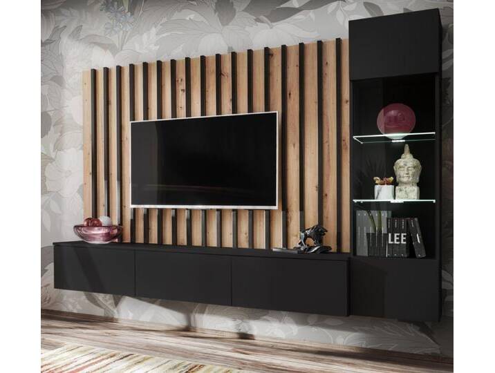 Wohnwand Pearl in schwarz und Artisan Eiche 220 cm von GÜNSTIG EINRICHTEN