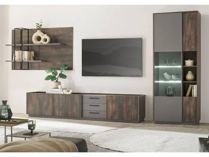Wohnwand Piano in Eiche und grau 3-teilig 390 cm von GÜNSTIG EINRICHTEN