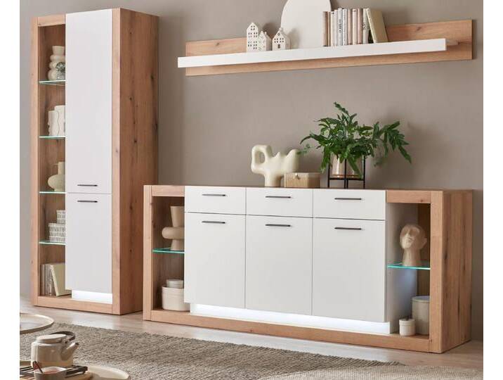 Wohnwand Rivian in weiß matt und Eiche 3-teilig 298 cm von GÜNSTIG EINRICHTEN