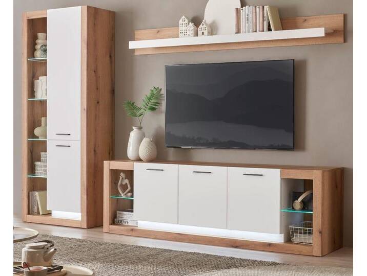 Wohnwand Rivian in weiß matt und Eiche 3-teilig 298 cm von GÜNSTIG EINRICHTEN