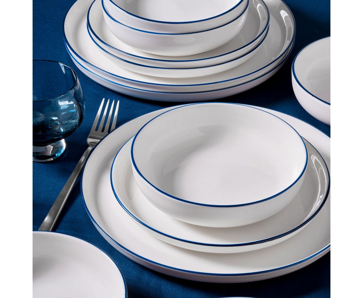GÜRAL Porselen Tafelservice BILBAO (12-tlg), 4 Personen, Porzellan, Cremefarben, dunkelblauer Rand, robustes Bone Porzellan von GÜRAL Porselen