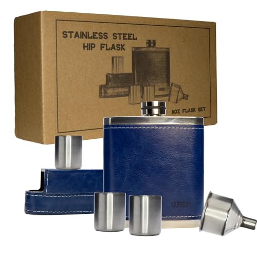 GUFRRST 8oz Flachmann mit 3 Weingläsern, auslaufsicherer Flachmann, als Geschenk verpackt, mit Trichter (blau) von GUFRRST