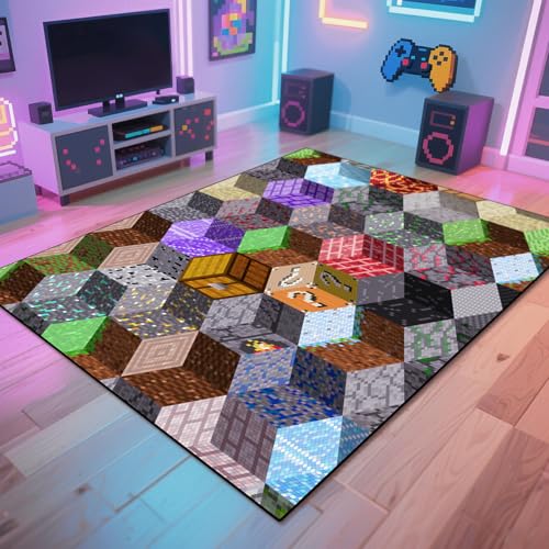 Block-Spiel-Teppich für Teenager, Jungen, Teppich mit Pixel-Spielelementen, Dekorationsmatte, Würfel-Block-Spielteppiche für Jungen-Schlafzimmer, Wohnzimmer, Spielzimmer, rutschfeste Block-Spiel-Teppich für Teenager, Jungen, Teppich mit Pixel-Spielelementen, Dekorationsmatte, Würfel-Block-Spielteppiche für Jungen-Schlafzimmer, Wohnzimmer, Spielzimmer, rutschfeste von GUG