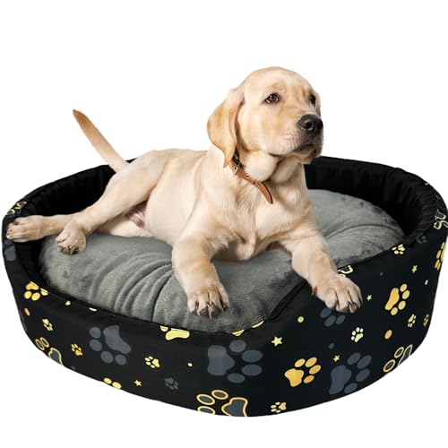 Hundebett für mittelgroße Hunde Größe M 57x48x15 cm – Hundekörbchen mit wasserabweisender Füllung – Bezug aus Polyester mit rutschfestem Boden, schwarz mit gelb-grauen Pfoten, Sternen, grauem Kissen von GUGI