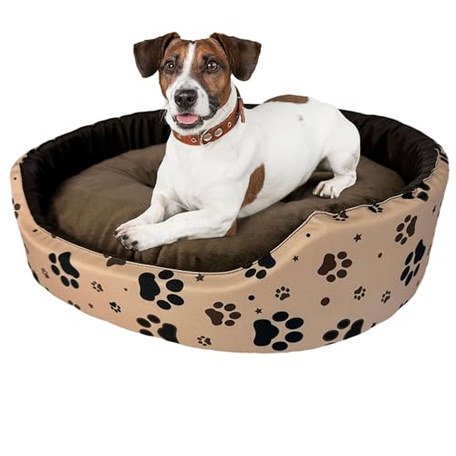 Hundebett für sehr große Hunde Größe XXL 88x76x18 cm - Hundekörbchen mit wasserabweisender Kissenfüllung - Bezug aus Polyester mit rutschfestem Boden, Beige mit Pfotenmuster in Braun und Schwarz von GUGI