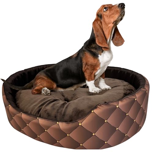 Hundebett für sehr große Hunde Größe XXL 88x76x18 cm - Hundekörbchen mit wasserabweisender Kissenfüllung - Bezug aus Polyester mit rutschfestem Boden, Braun mit Rautenmuster und Zierpunkten in Gold von GUGI