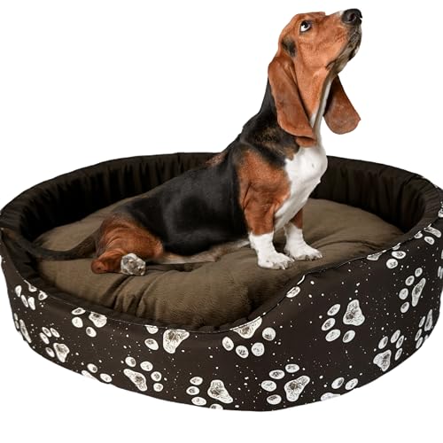 Hundebett für sehr große Hunde Größe XXL 88x76x18 cm - Hundekörbchen mit wasserabweisender Kissenfüllung - Bezug aus Polyester mit rutschfestem Boden, Schwarz mit weißen Pfotenabdrücken von GUGI