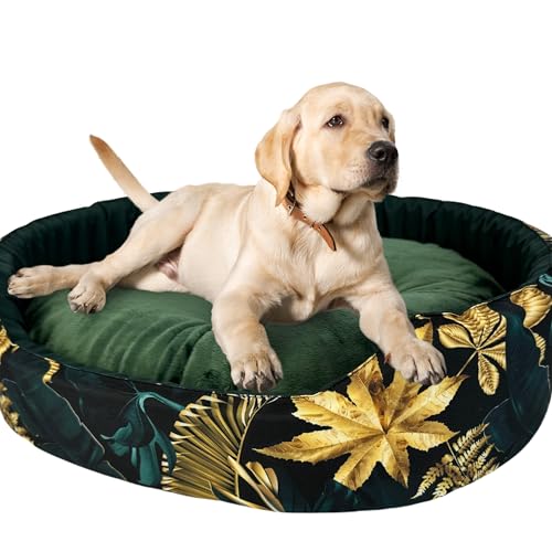 Hundebett für Sehr Große Hunde Größe XXL 88x76x18 cm – Hundekörbchen mit Wasserabweisender Füllung – Bezug aus Polyester, Rutschfester Boden, Schwarz mit Goldenen Blättern und Grünem Kissen von GUGI