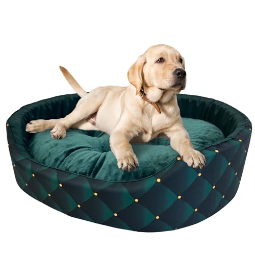 Hundebett für Sehr Große Hunde Größe XXL 88x76x18 cm – Hundekörbchen mit Wasserabweisender Füllung – Bezug aus Polyester, Rutschfester Boden, Dunkles Karo mit Goldenen Punkten und Grünem Kissen von GUGI