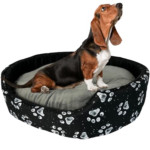 Hundebett für sehr große Hunde XXL 88x76x18 cm - Hundekörbchen mit wasserabweisender Kissenfüllung - Bezug aus Polyester mit rutschfestem Boden, Schwarz mit weißen Pfotenabdrücken und grauem Kissen von GUGI