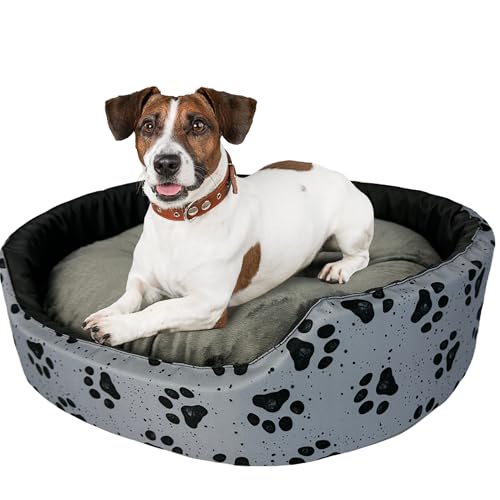 Hundebett für sehr große Hunde Größe XXL 88x76x18 cm – Hundekörbchen mit wasserabweisender Füllung – Bezug aus Polyester, Rutschfester Boden, grau mit schwarzen Pfotenabdrücken und grauem Kissen von GUGI