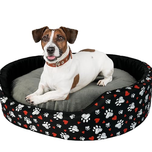 Hundebett für Sehr Große Hunde Größe XXL 88x76x18 cm – Hundekörbchen mit Wasserabweisender Füllung – Bezug aus Polyester, Rutschfester Boden, Schwarz mit Pfoten, Herzen und Grauem Kissen von GUGI