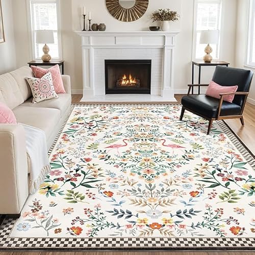 Flur rutschfest Teppich Schmalen Gang Wohnzimmer Schlafzimmer Rechteck Leicht Zu Reinigen Teppich Retro Ethno-Stil Kleine Blumen Weiß, 80 x 180 cm von GUGJHFVH