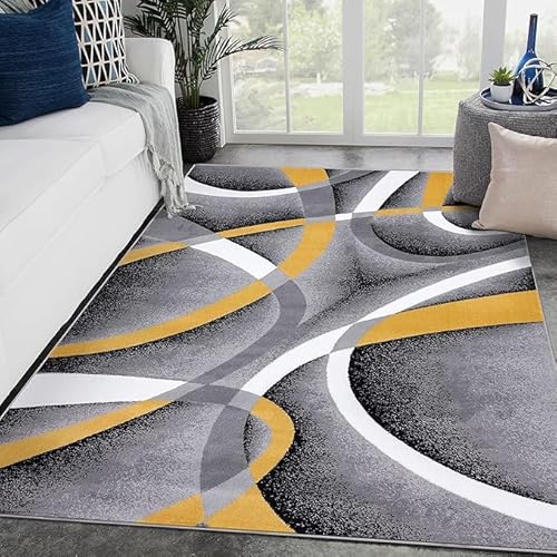 GUGJHFVH Bereich Teppiche Wohnzimmer Schlafzimmer Schlafsaal Weiche Indoor Waschbarer Teppich rutschfeste Rückseite Moderne Geometrische Linien Grau Gelb, 120 x 170 cm von GUGJHFVH