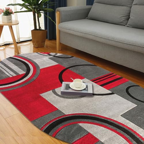 GUGJHFVH Ovaler Waschbarer Teppich Wohnzimmer Schlafzimmer Küche Eingang Flurläufer Kurzflor Teppich Moderne Geometrisch Gestreifte Rote Und Graue Blockverbindung, 80 x 120 cm von GUGJHFVH