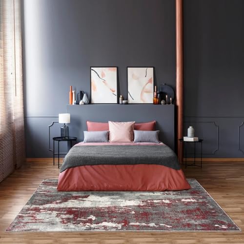 GUGJHFVH Schlafzimmer Waschbarer Teppich Wohnzimmer Groß Weiche Teppich Anti-Rutsch Unterseite Moderner Tintenstil Rot, 200 x 300 cm von GUGJHFVH